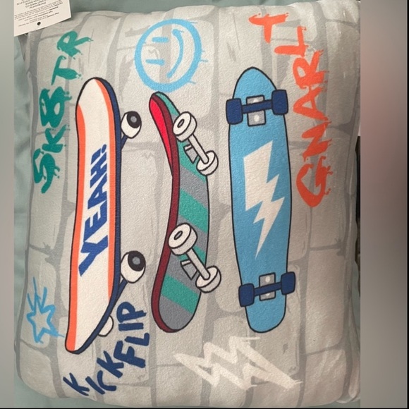 NWT Comfort Bay Skateboard Gray and Blue Graphic Throw Pillow about 12in x 12in - Picture 3 of 5